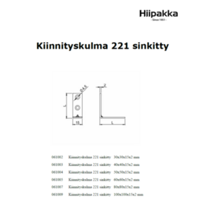 Kiinnityskulma 221 sinkitty