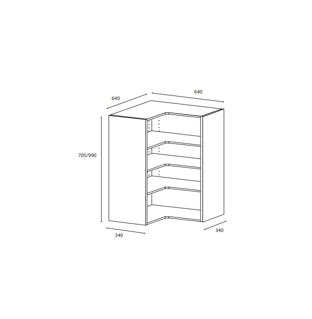 Sisäyläkulmakaappi 705x340, L-malli kost.kest.