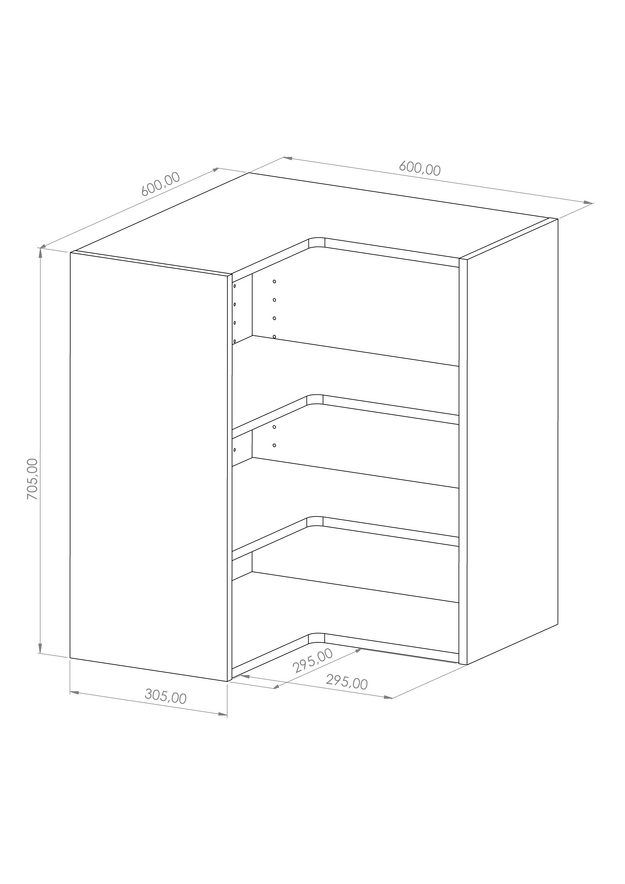 Kasattu sisäyläkulmakaappi 705x305, L-malli